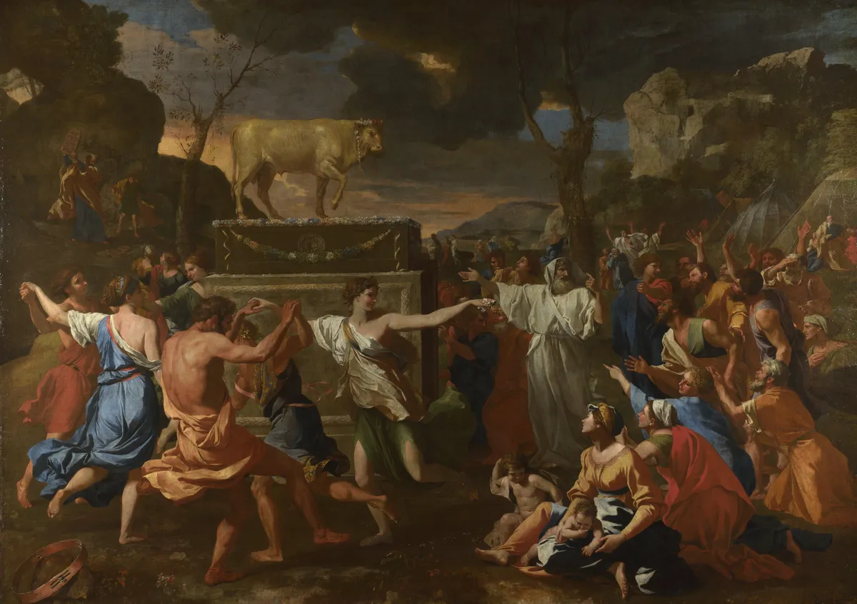 Nicolas Poussin, The Adoration of the Golden Calf, Israelites dancing in a ring before the golden idol