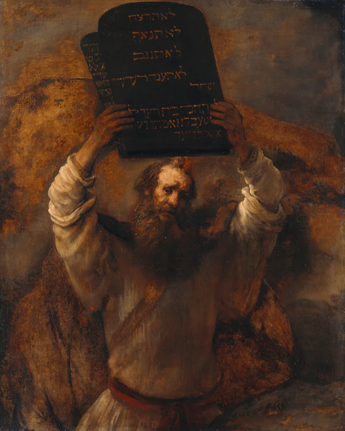 Rembrandt, Moses with the Tablets of the Law, Moses lifting the two inscribed stone tablets above his head