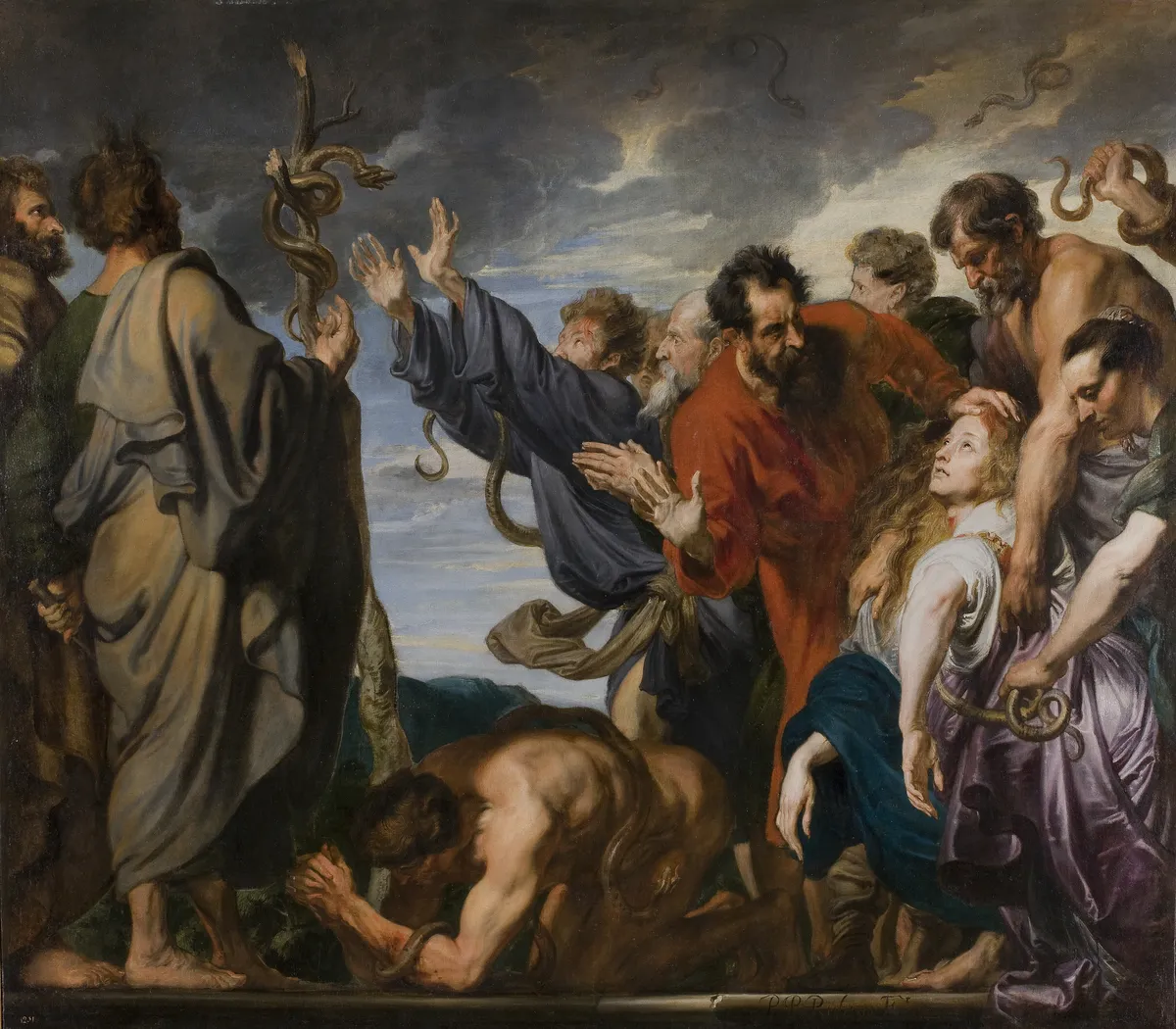 Anthony van Dyck, The Brazen Serpent, Moses pointing to the bronze serpent as the stricken Israelites look up