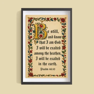 Be Still and Know That I Am God - Psalm 46:10 framed illuminated Scripture poster on a wall