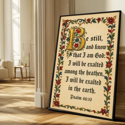 Be Still and Know That I Am God - Psalm 46:10 illuminated Bible verse poster displayed in a bright living room