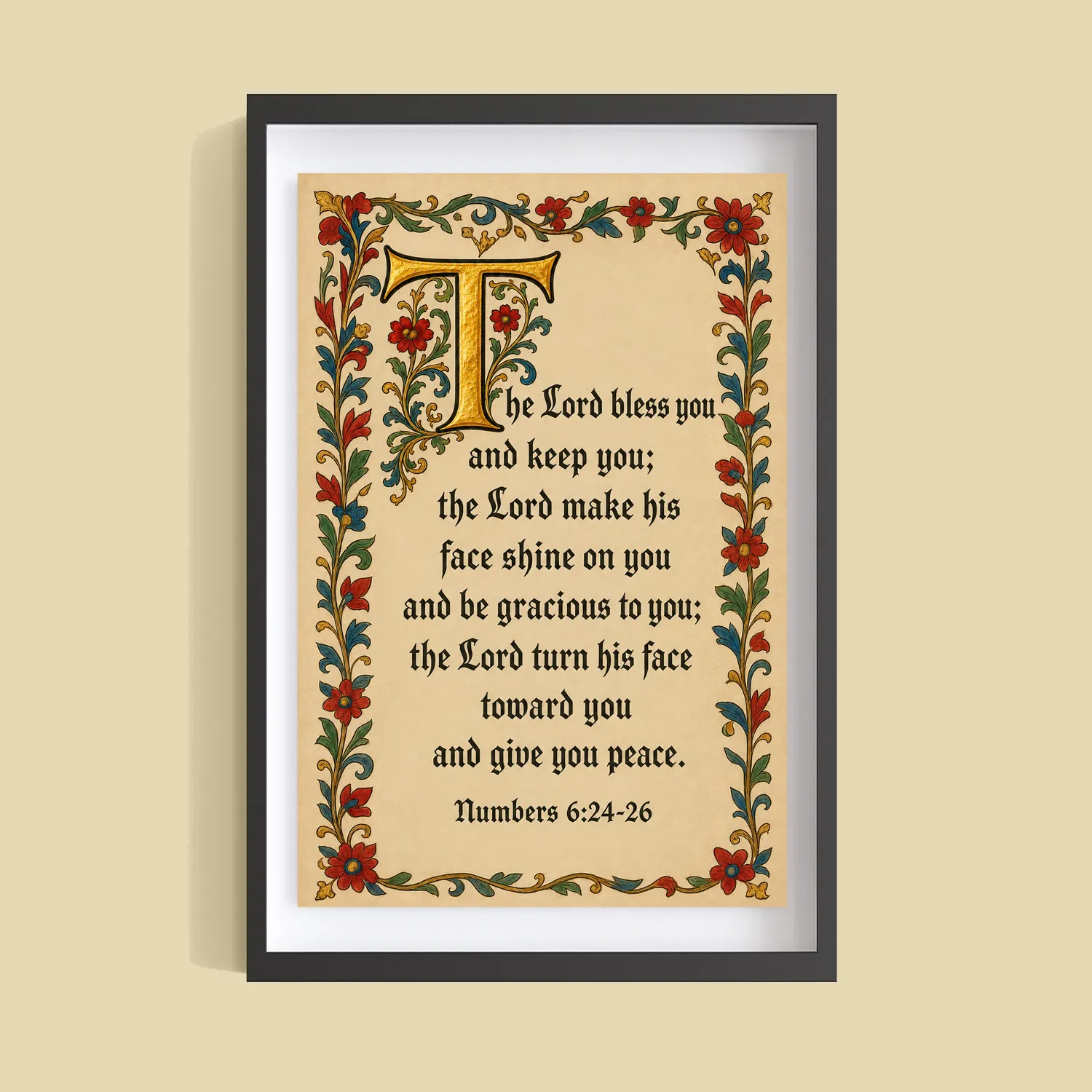 The Lord Bless You and Keep You - Numbers 6:24-26 framed illuminated Scripture poster on a wall