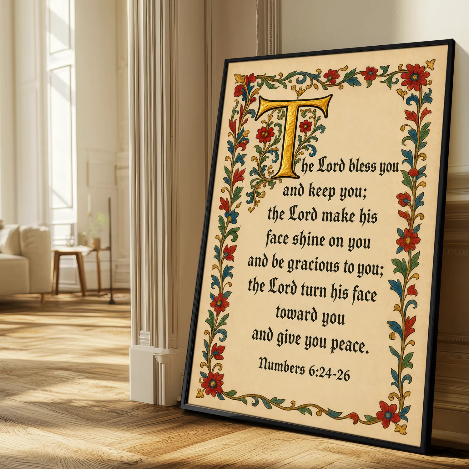 The Lord Bless You and Keep You - Numbers 6:24-26 illuminated Bible verse poster displayed in a bright living room