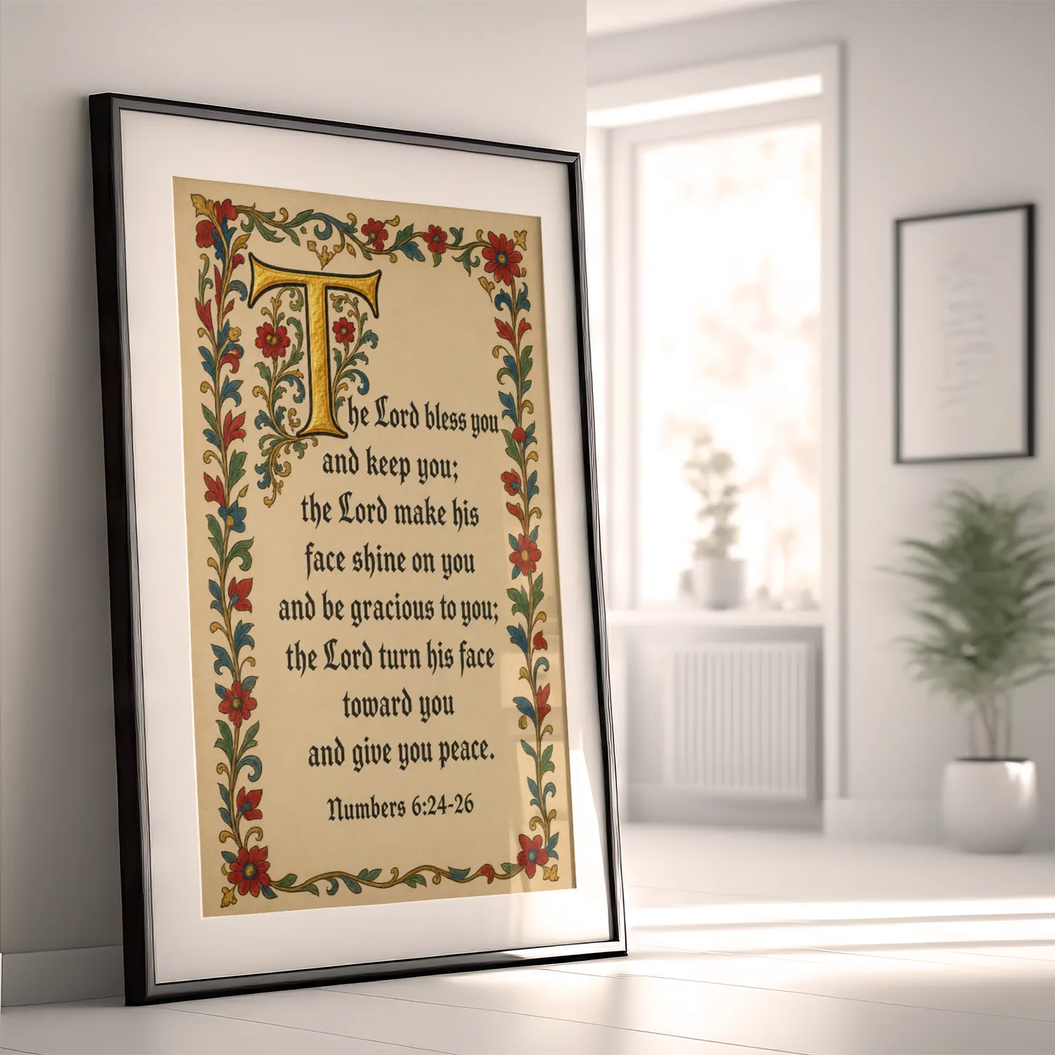 The Lord Bless You and Keep You - Numbers 6:24-26 framed Scripture poster in a sunlit room