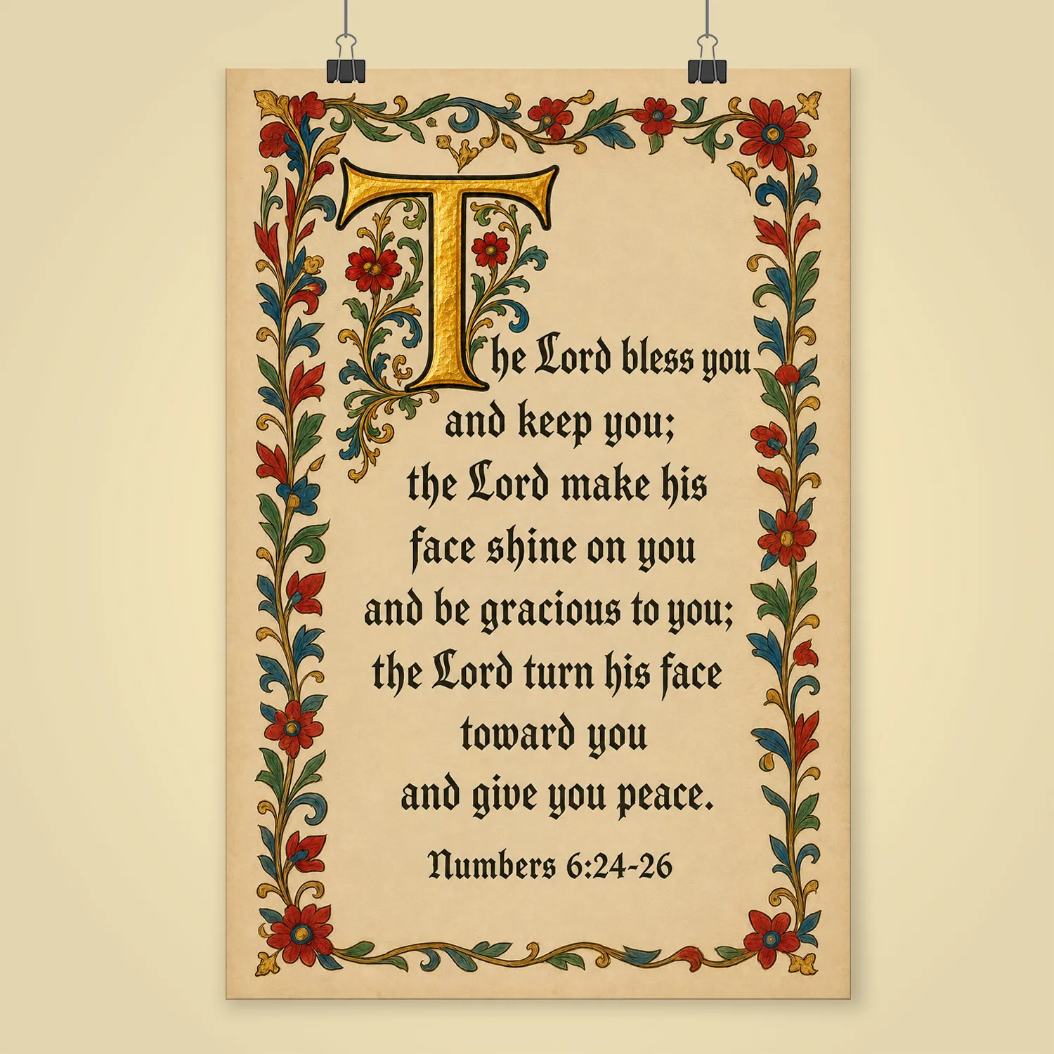 The Lord Bless You and Keep You - Numbers 6:24-26 medieval-style Scripture poster print, unframed