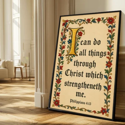 I Can Do All Things Through Christ - Philippians 4:13 illuminated Bible verse poster displayed in a bright living room