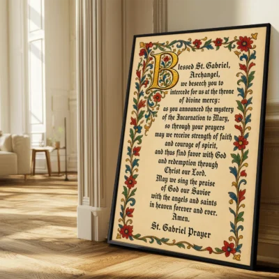 Saint Gabriel the Archangel Prayer illuminated prayer poster displayed in a bright living room