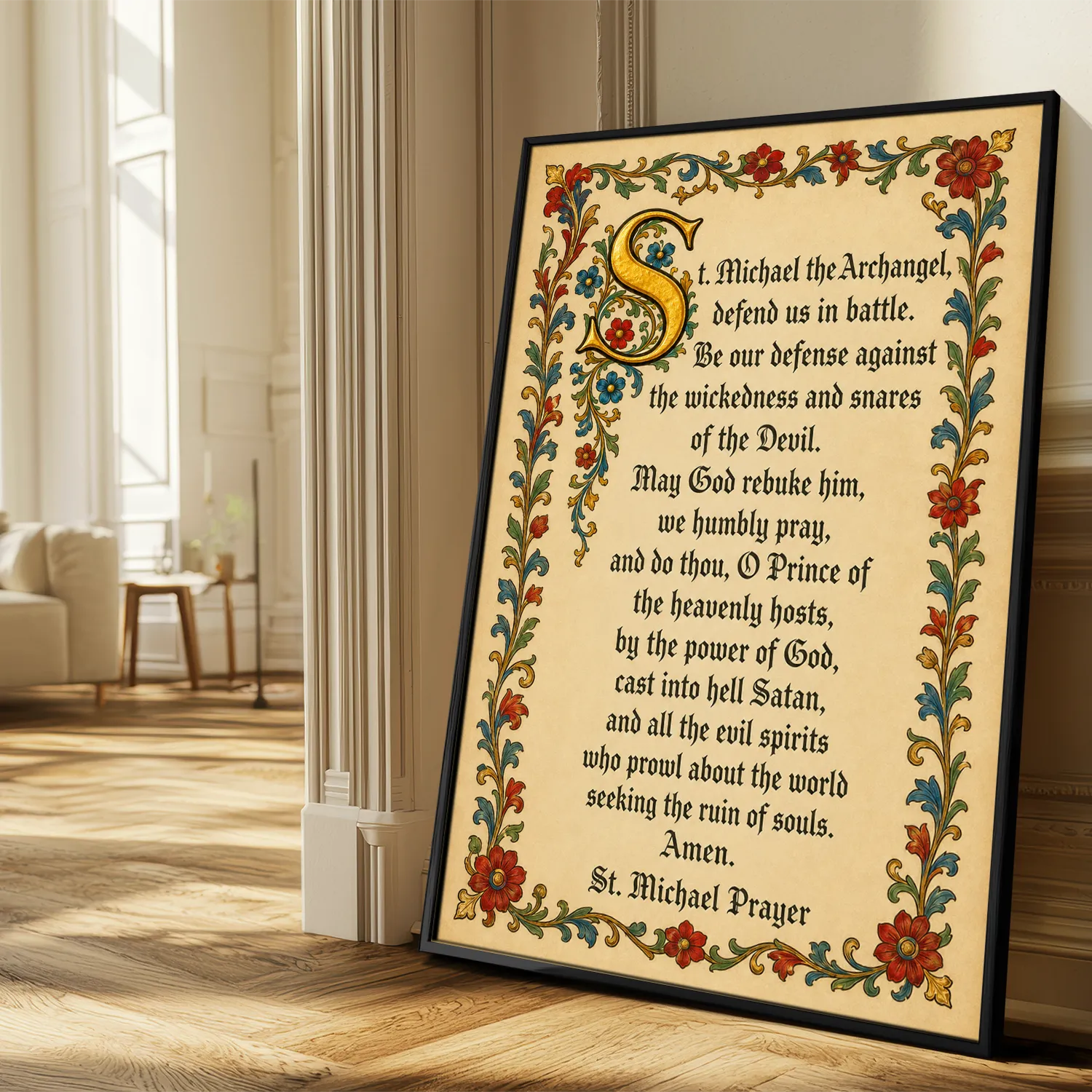 Saint Michael the Archangel Prayer illuminated prayer poster displayed in a bright living room
