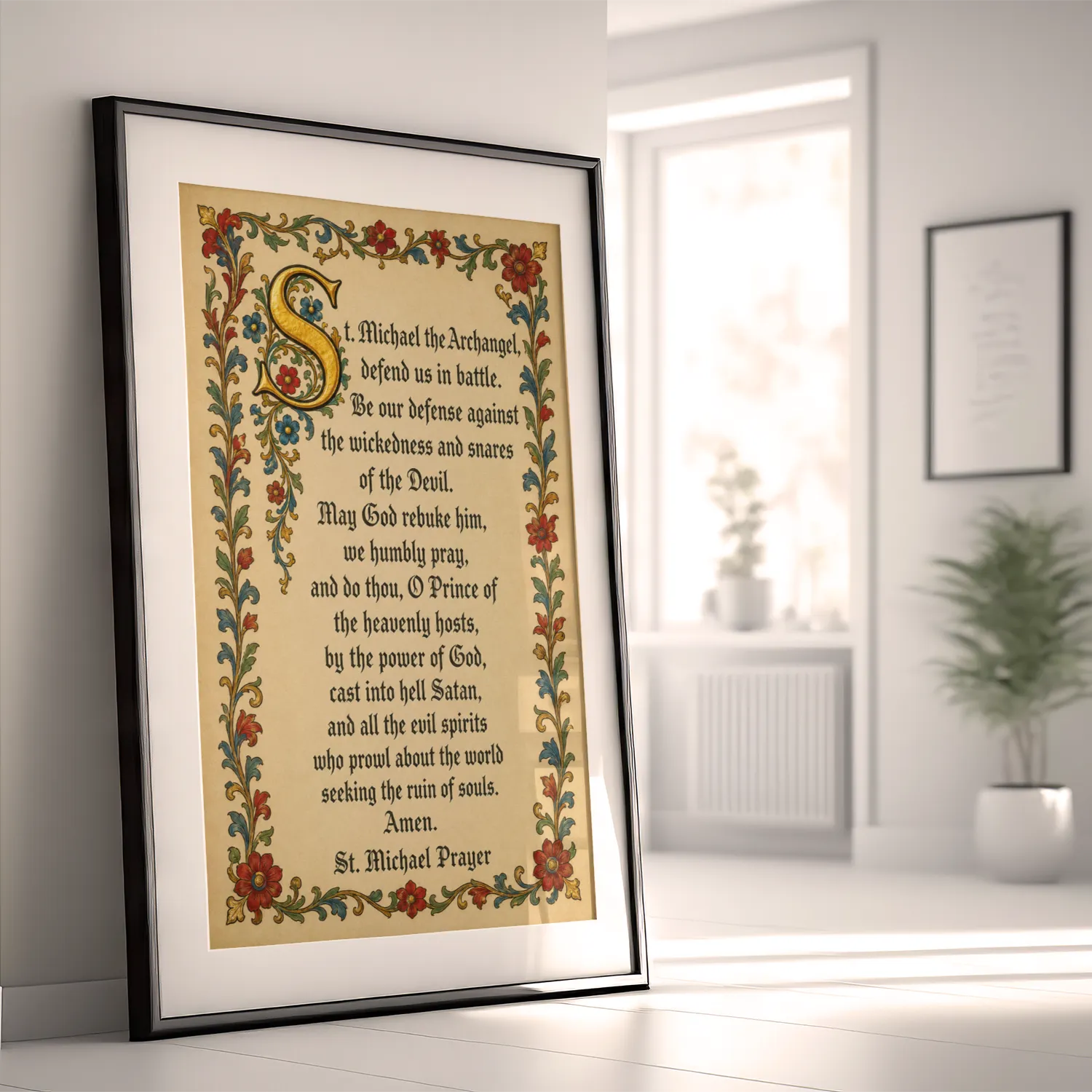 Saint Michael the Archangel Prayer framed prayer poster in a sunlit room