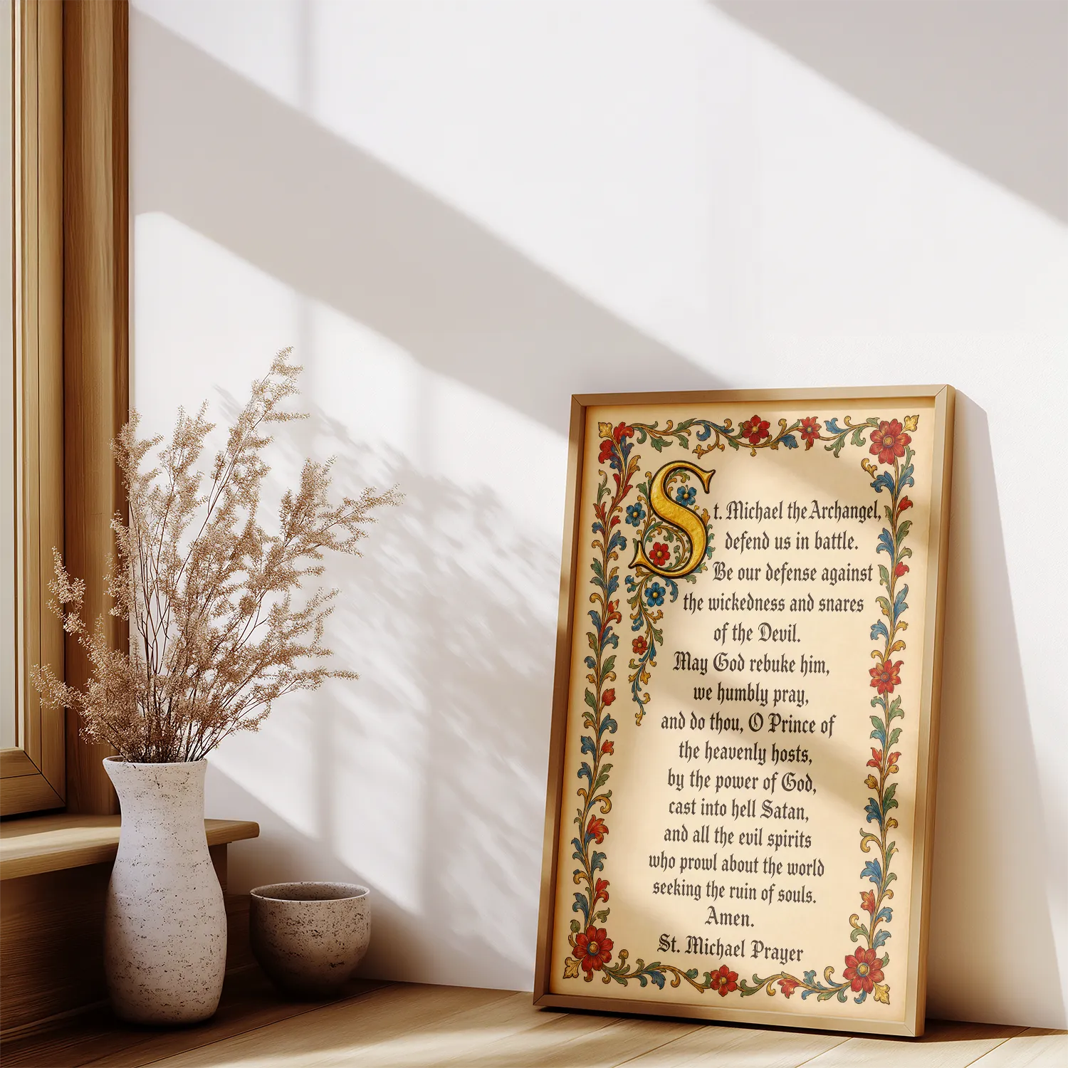 Saint Michael the Archangel Prayer medieval prayer poster in a modern interior