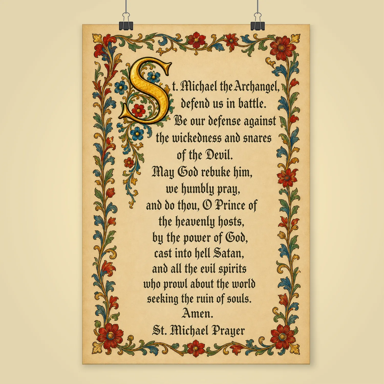 Saint Michael the Archangel Prayer illuminated prayer poster framed on a wall