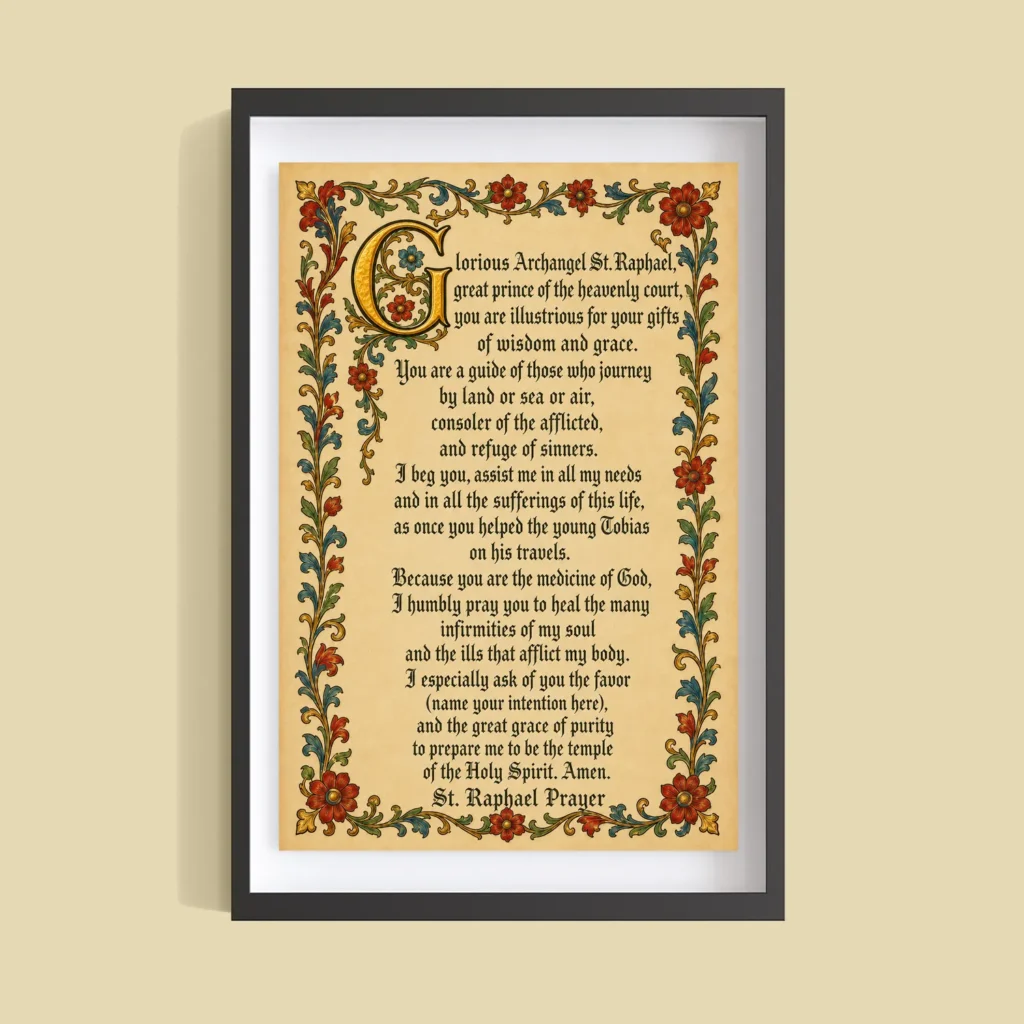 Saint Raphael the Archangel Prayer Poster – Medieval Illuminated Wall Art