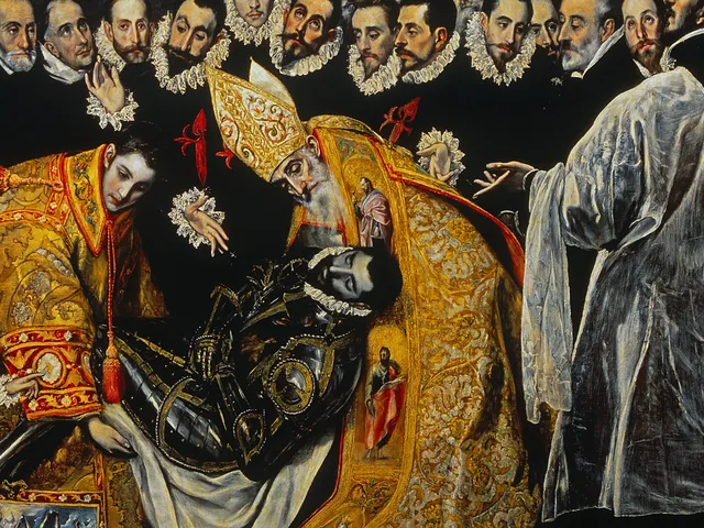 Detail of El Greco's Burial of the Count of Orgaz, Saints Stephen and Augustine lowering the body