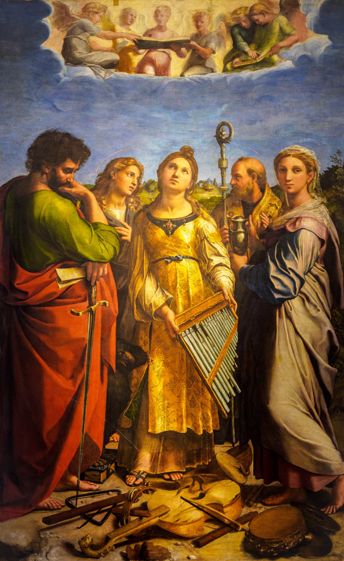 Raphael's Ecstasy of Saint Cecilia, the saint letting an organ slip from her hands as she listens to a choir of angels