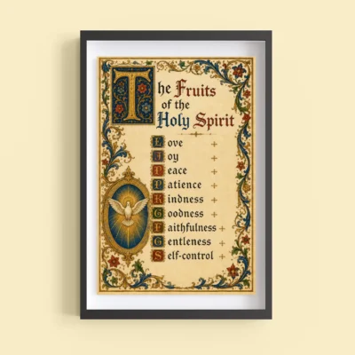 Fruits of the Holy Spirit illuminated wall art poster framed on a wall