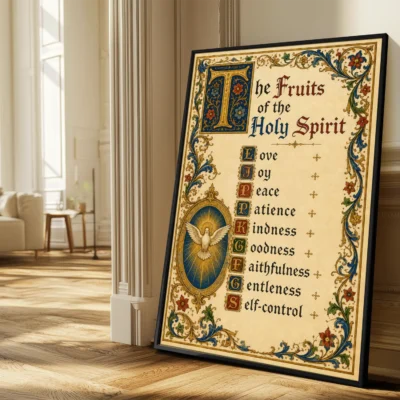 Fruits of the Holy Spirit illuminated wall art poster in a sunlit living room