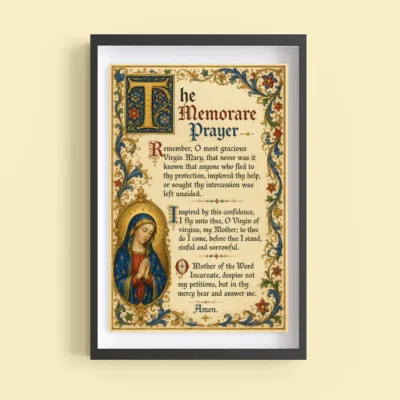 The Memorare Prayer illuminated wall art poster framed on a wall