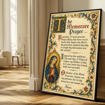 The Memorare Prayer illuminated wall art poster in a sunlit living room The Memorare Prayer illuminated wall art poster in a sunlit living room