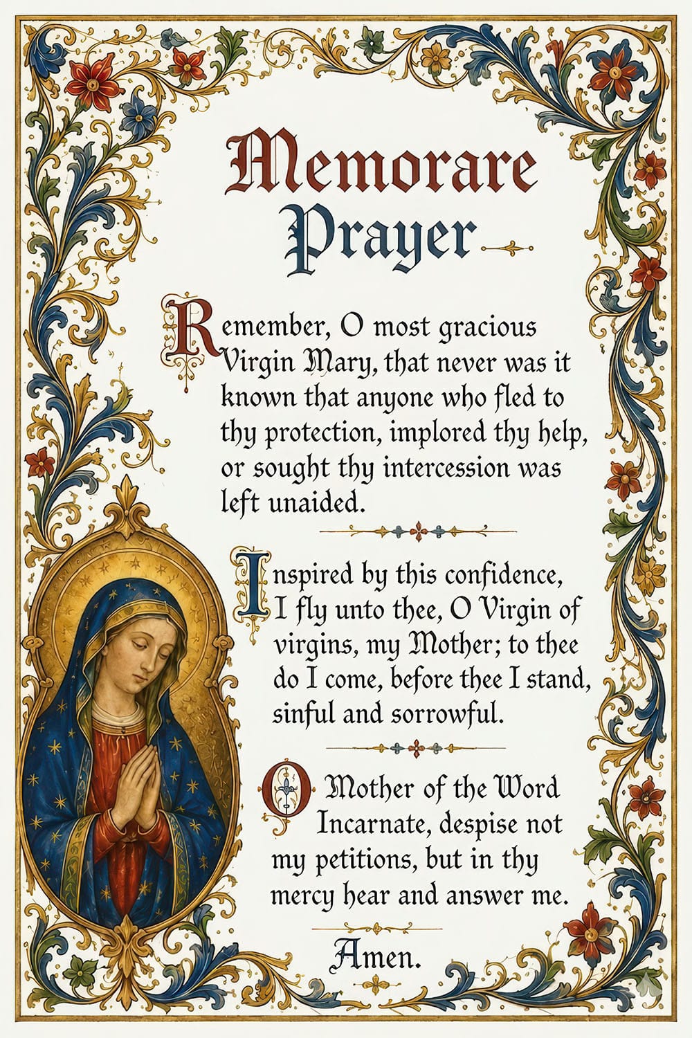 The Memorare prayer card — free printable, illuminated prayer to the Virgin Mary