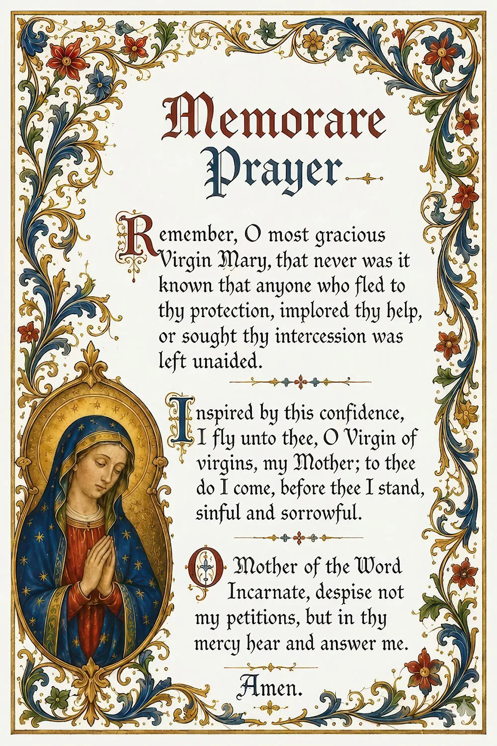 The Memorare prayer card — free printable, illuminated prayer to the Virgin Mary