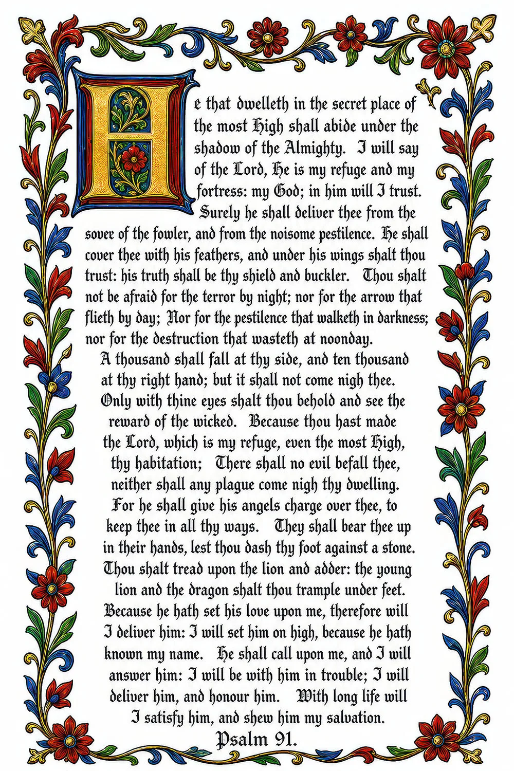 Psalm 91 prayer card, printable, the psalm of protection in medieval illuminated lettering