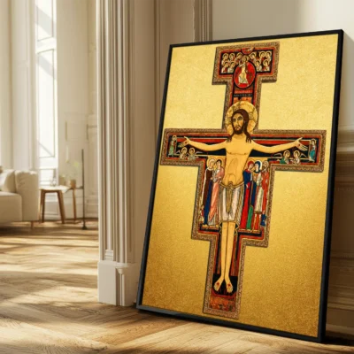 San Damiano Cross giclée fine art print in a sunlit living room