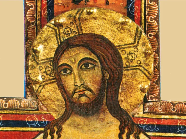 Detail of the San Damiano Cross, the haloed face of the living Christ