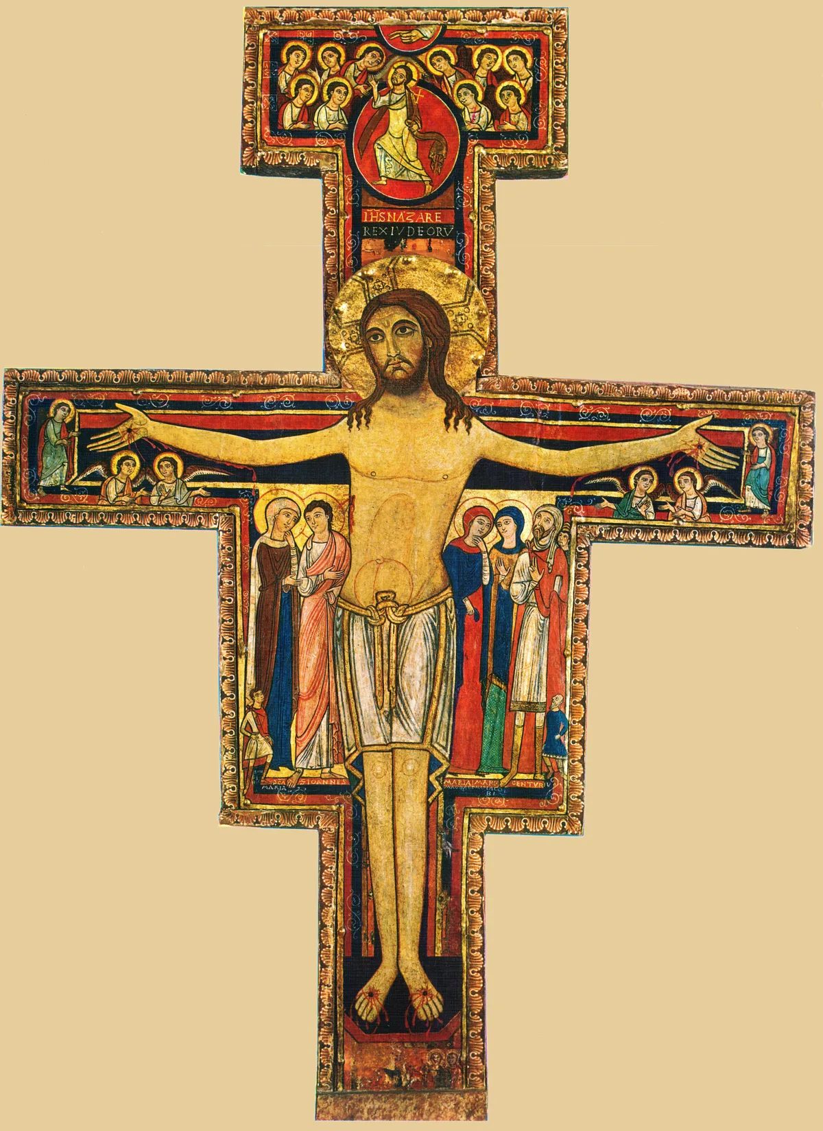 The full San Damiano Cross, the painted icon crucifix before which Saint Francis prayed