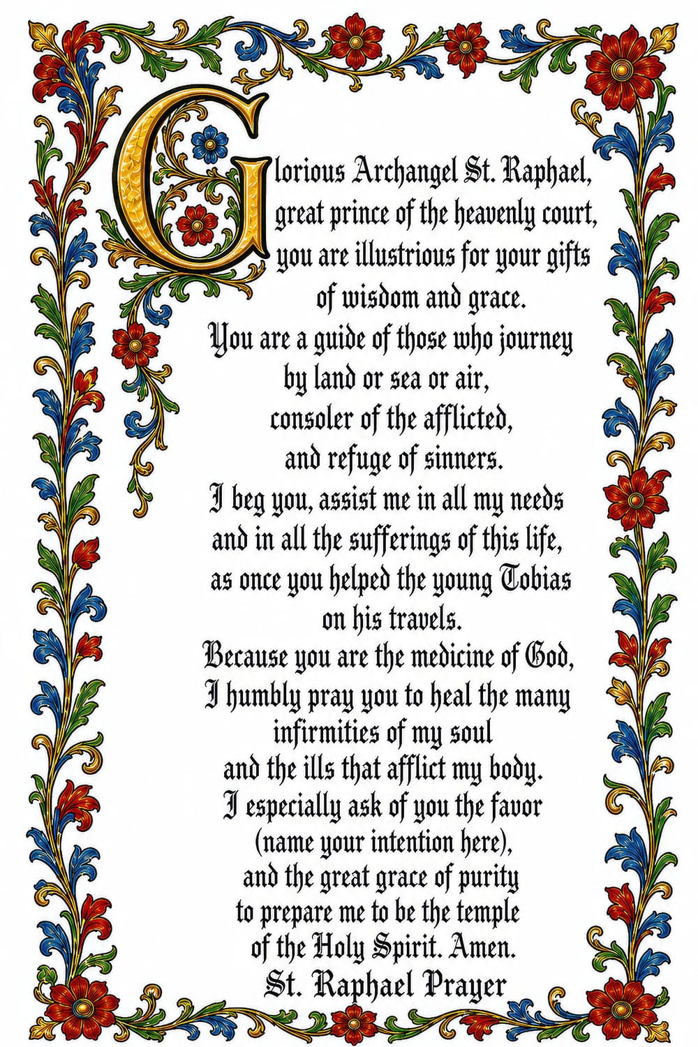 St Raphael the Archangel prayer card — free printable, illuminated
