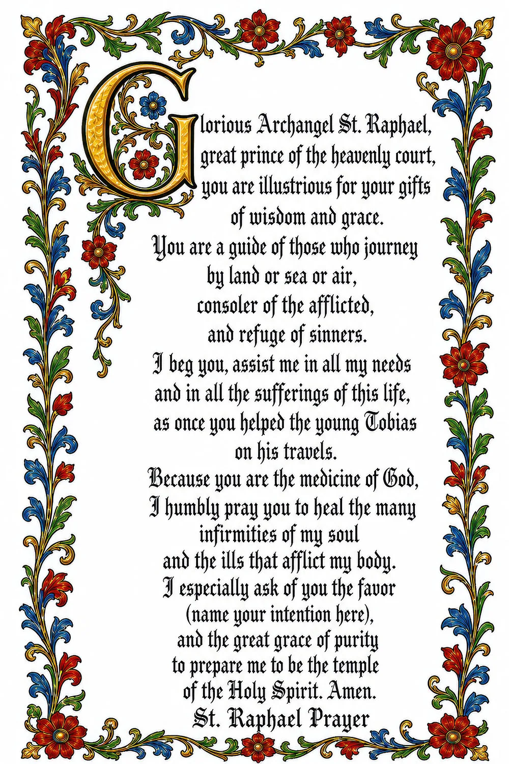 St Raphael the Archangel prayer card — free printable, illuminated