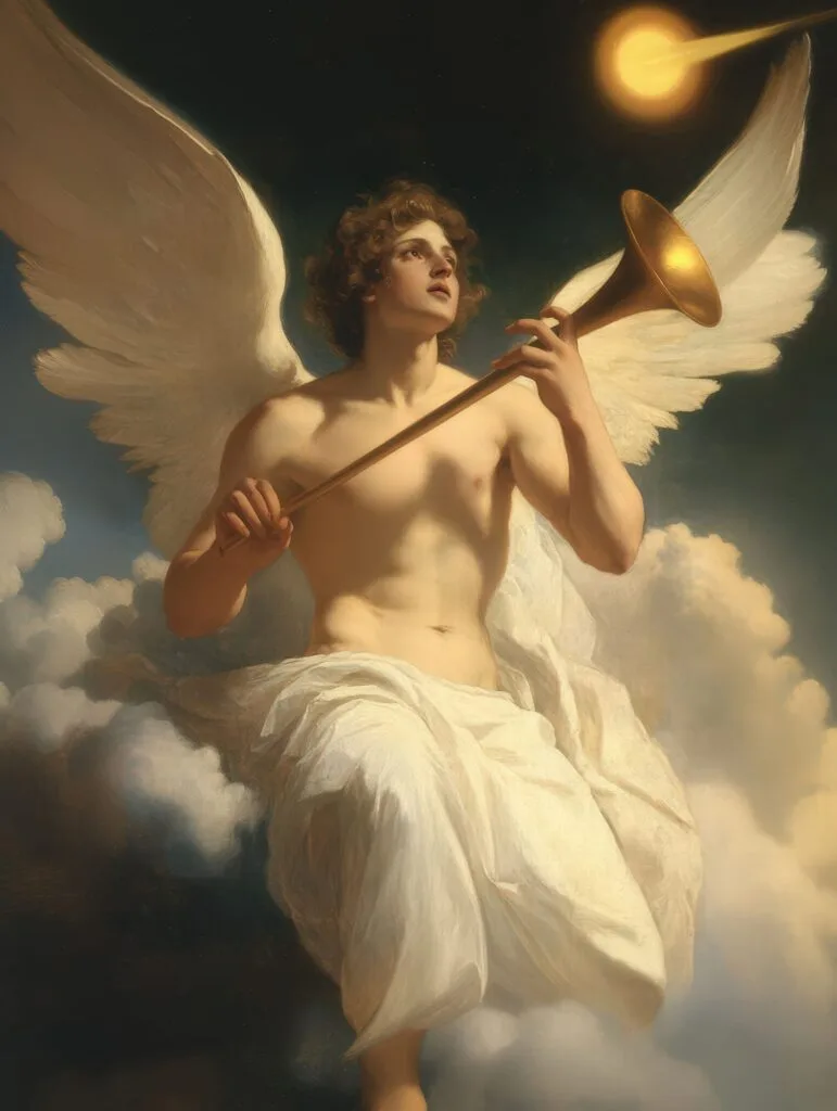 Archangel Gabriel, the messenger of God, sounding a golden trumpet among the clouds, French Academic style painting