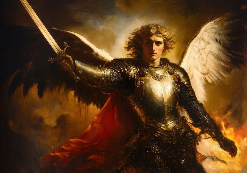 Archangel Michael in golden armor raising his sword against the flames of evil, Baroque-style painting
