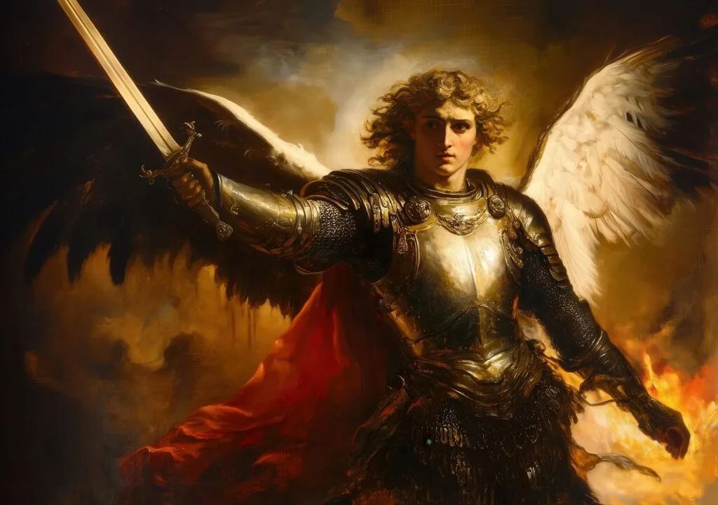 Archangel Michael in golden armor raising his sword against the flames of evil, Baroque-style painting