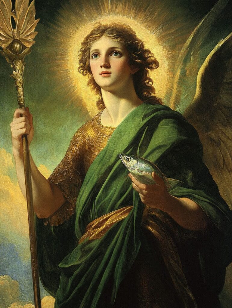 Archangel Raphael, the angel of healing, holding the pilgrim staff and the fish of Tobit, Neoclassical painting
