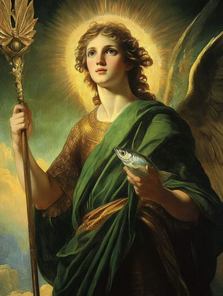 Archangel Raphael, the angel of healing, holding the pilgrim staff and the fish of Tobit, Neoclassical painting