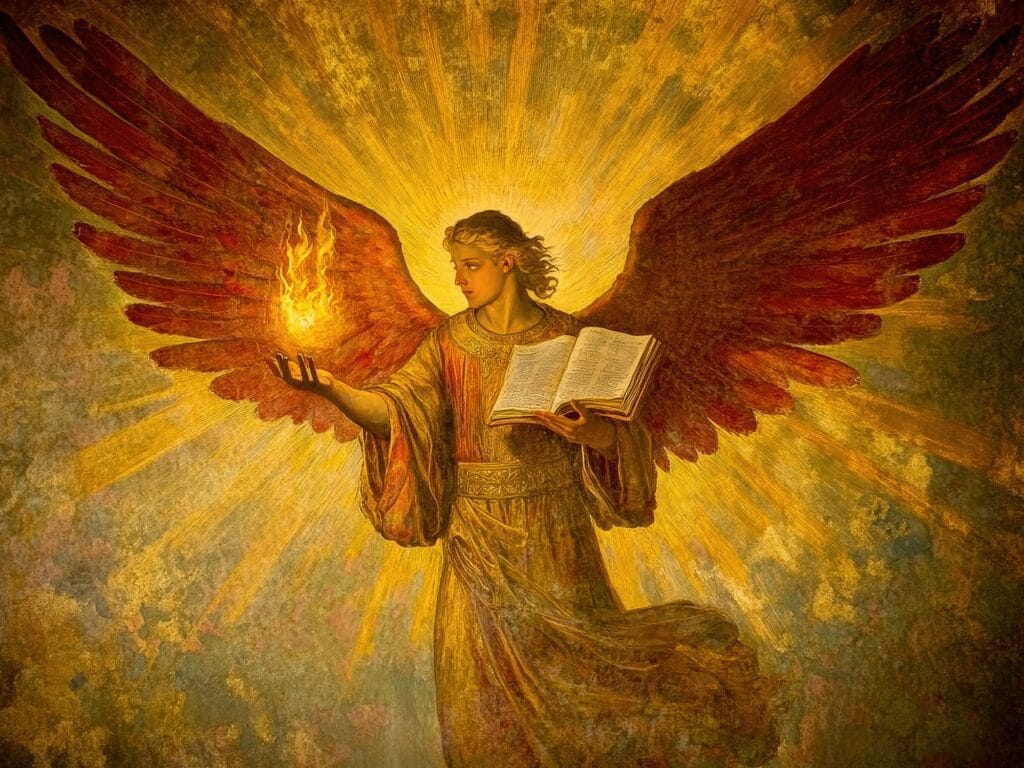 Archangel Uriel holding the flame of divine wisdom and an open book of Scripture, crimson wings, Byzantine-style painting