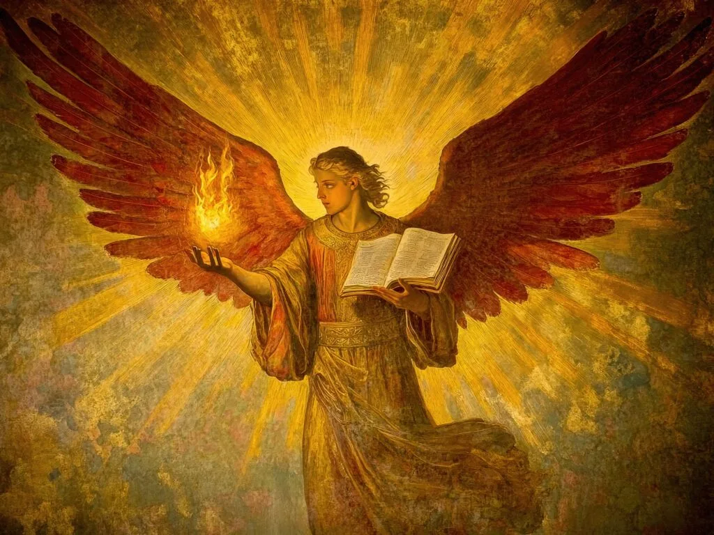Archangel Uriel holding the flame of divine wisdom and an open book of Scripture, crimson wings, Byzantine-style painting
