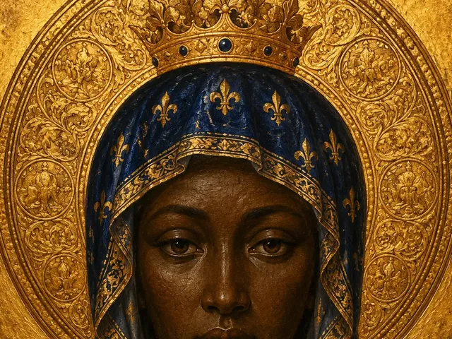 The face of a crowned Black Madonna against a golden halo, contemporary painting