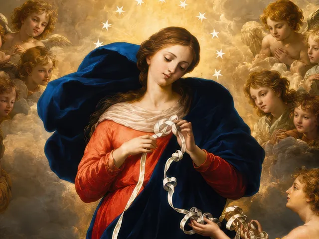 Detail of Mary, Untier of Knots: the Virgin crowned with stars untying a knotted ribbon