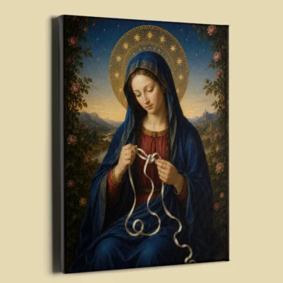 Mary Undoer of Knots Pre-Raphaelite canvas (perspective view)