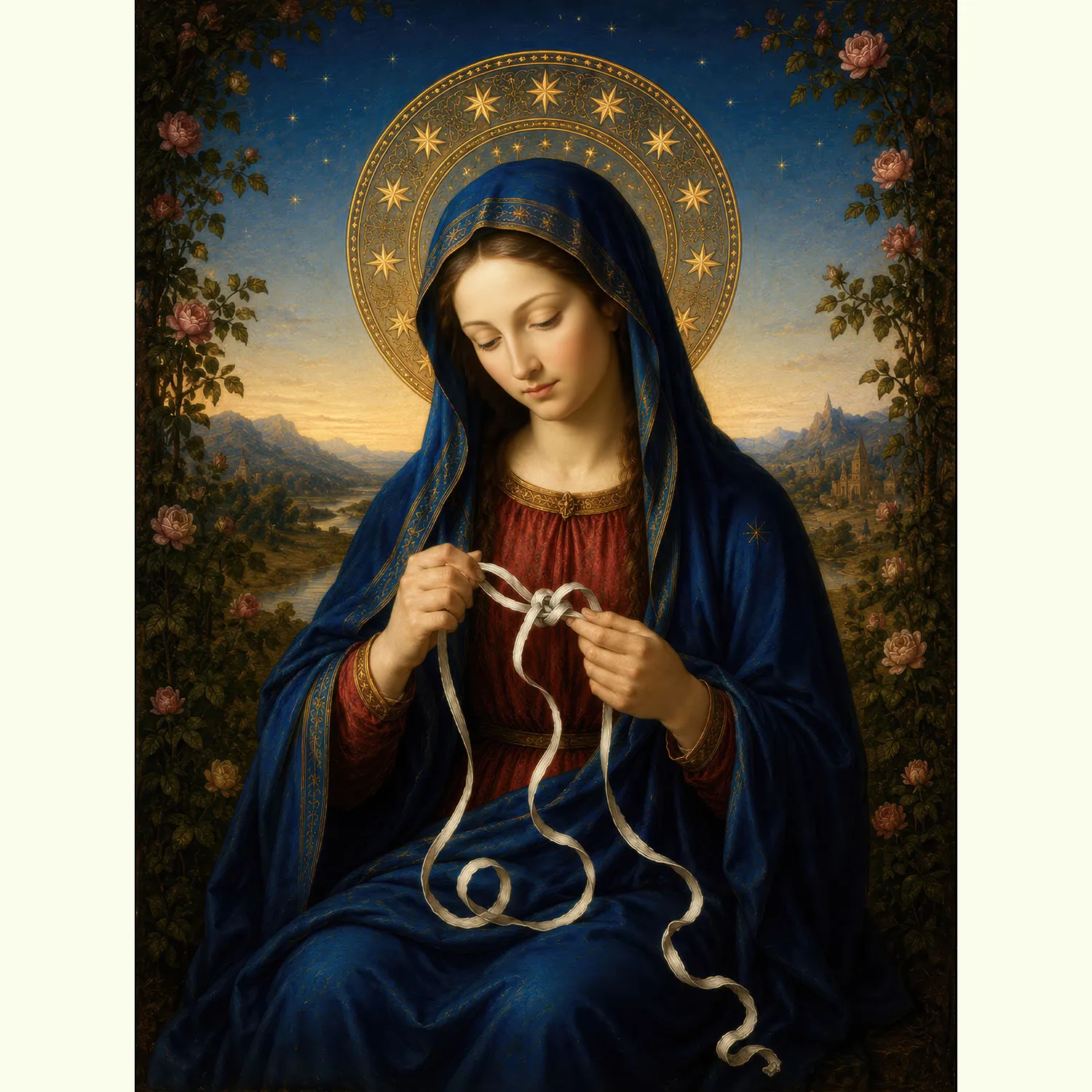 Mary Undoer of Knots Pre-Raphaelite canvas (flat view)