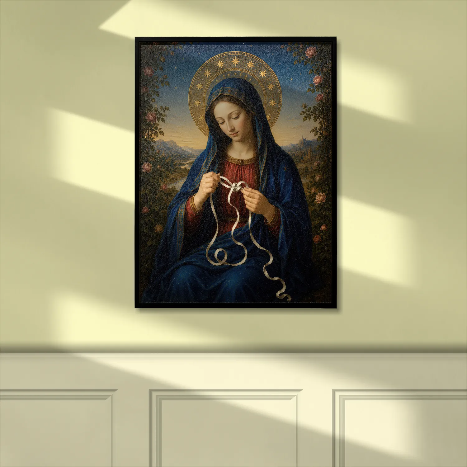 Mary Undoer of Knots Pre-Raphaelite canvas (hung on wall)