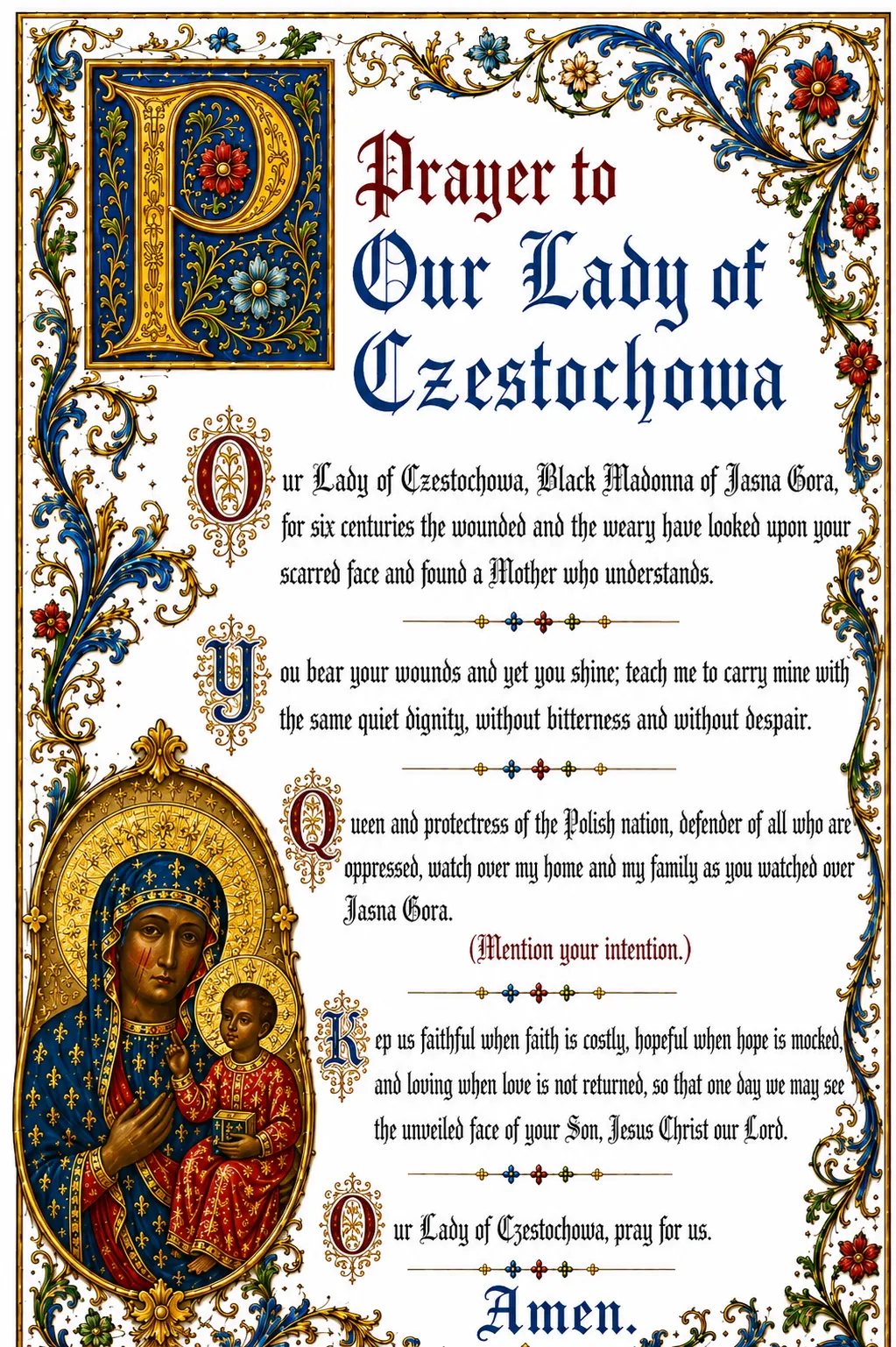 Our Lady of Czestochowa Black Madonna prayer card, free printable illuminated Catholic prayer