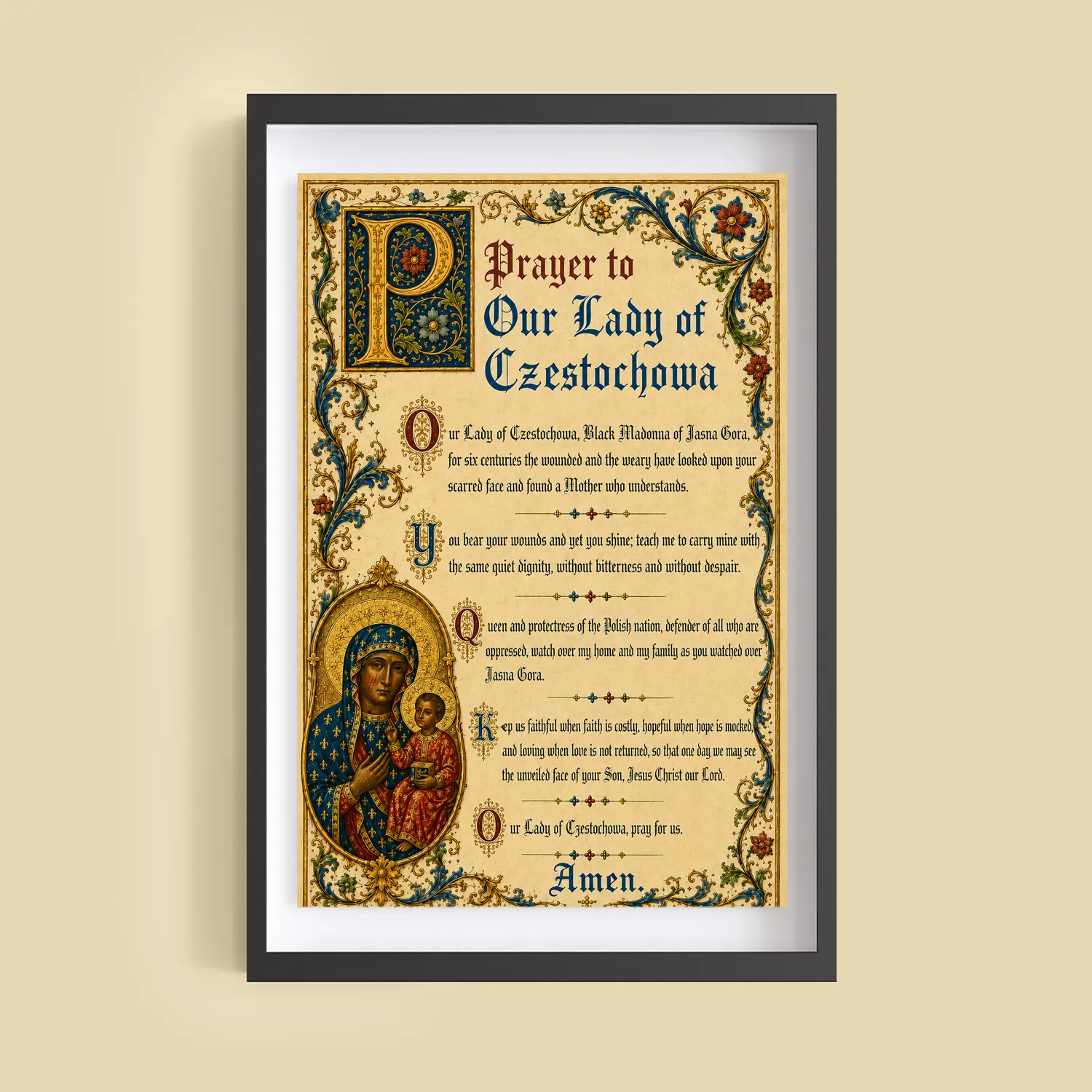 Prayer to Our Lady of Czestochowa medieval illuminated giclée fine art print (framed on a wall)