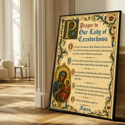 Prayer to Our Lady of Czestochowa medieval illuminated giclée fine art print (in a sunlit living room)