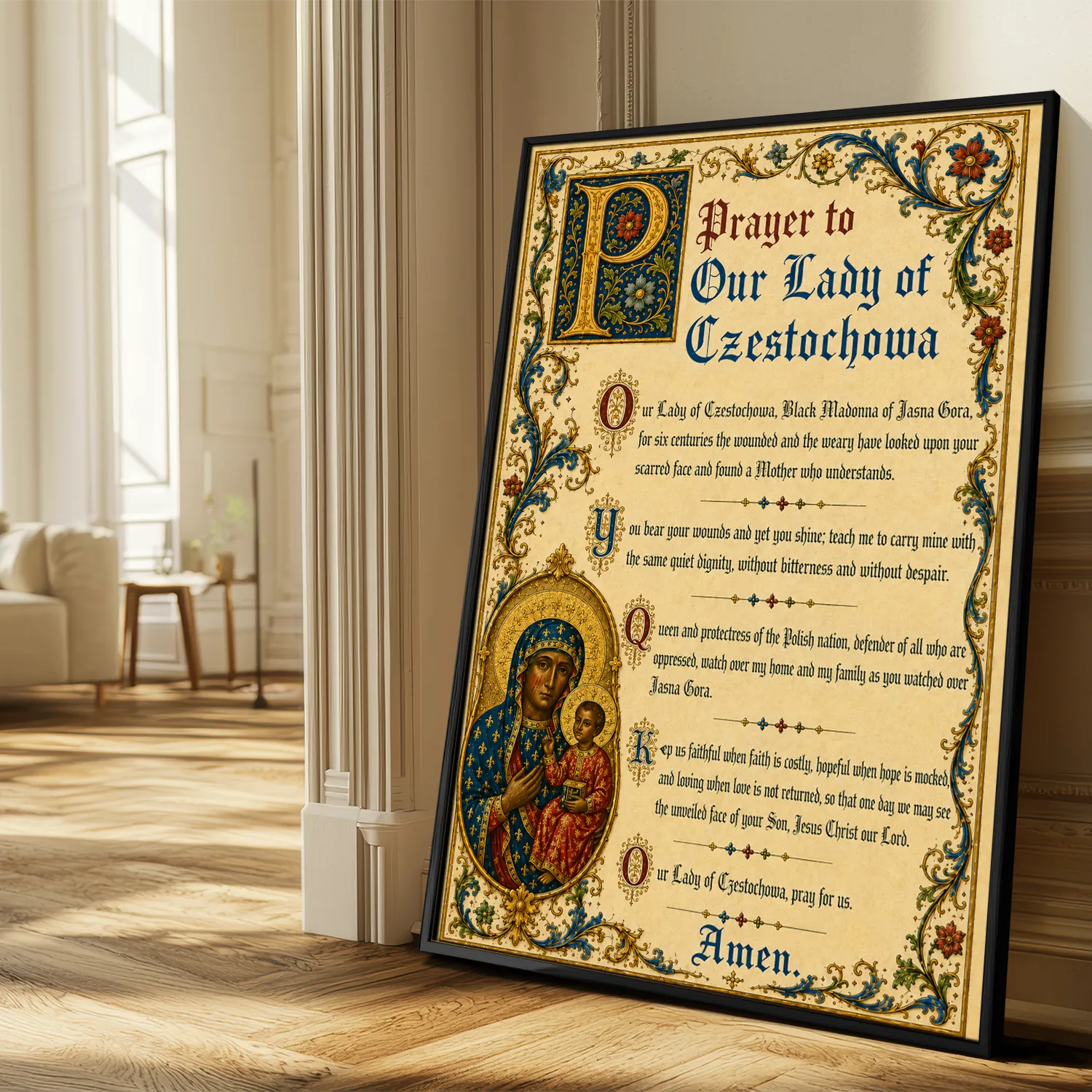 Prayer to Our Lady of Czestochowa medieval illuminated giclée fine art print (in a sunlit living room)