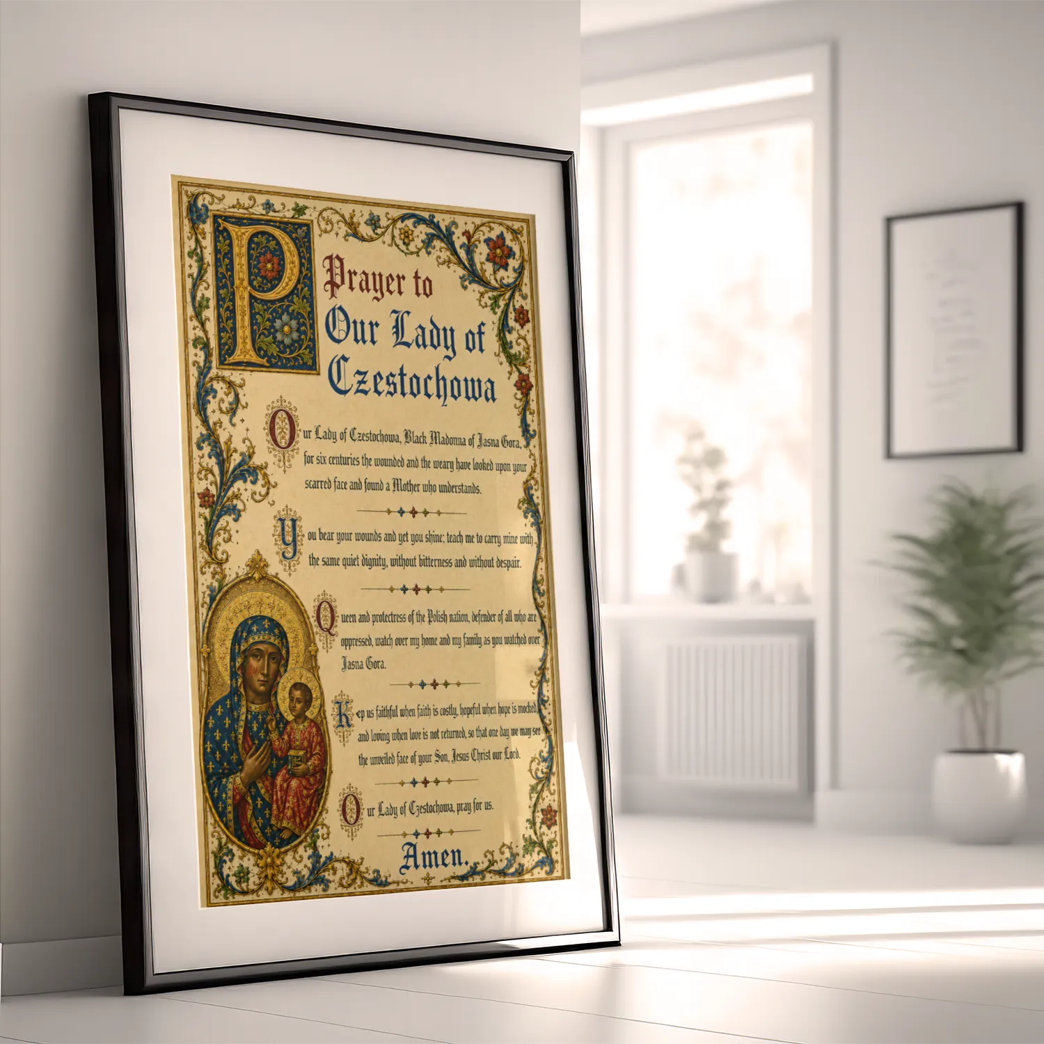 Prayer to Our Lady of Czestochowa medieval illuminated giclée fine art print (framed in a bright modern room)