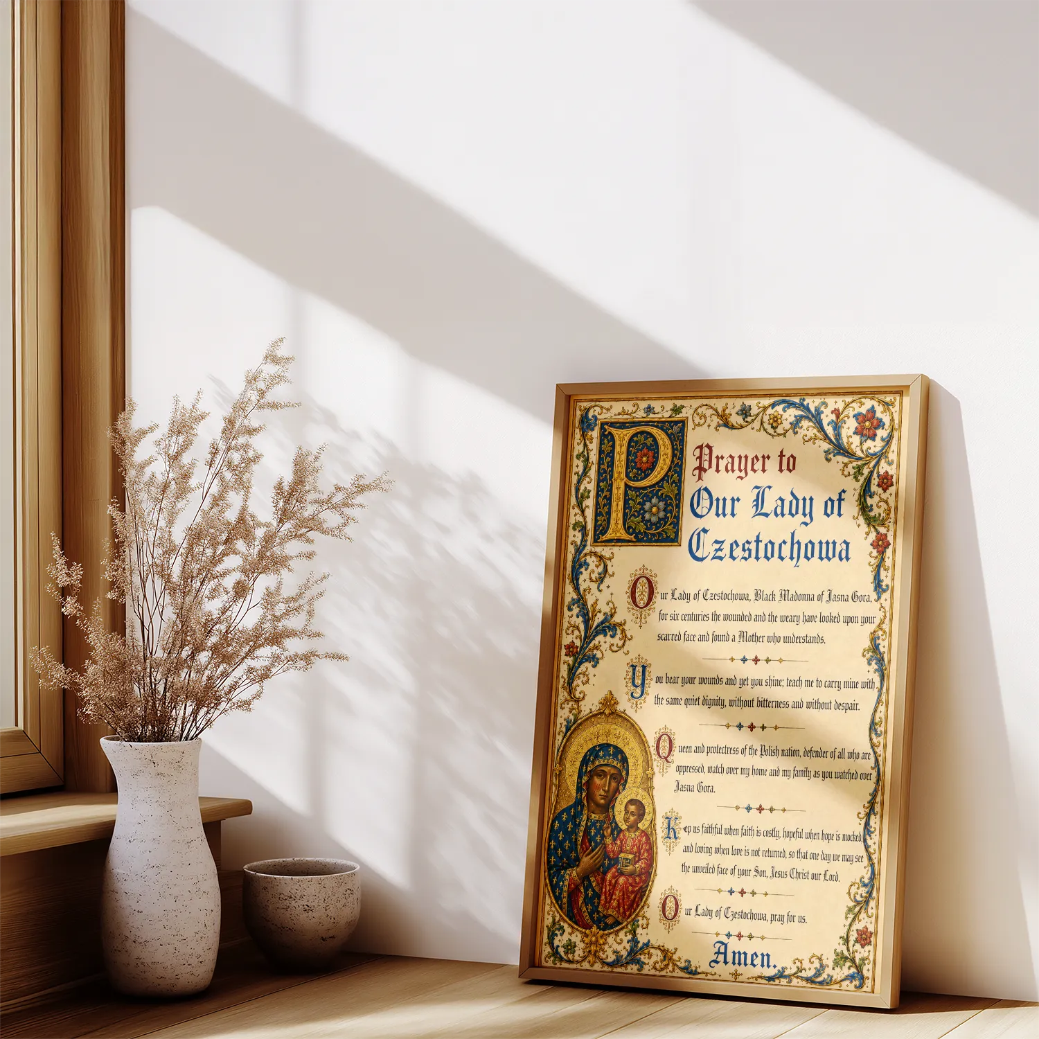 Prayer to Our Lady of Czestochowa medieval illuminated giclée fine art print (in a wooden frame in a sunlit room)