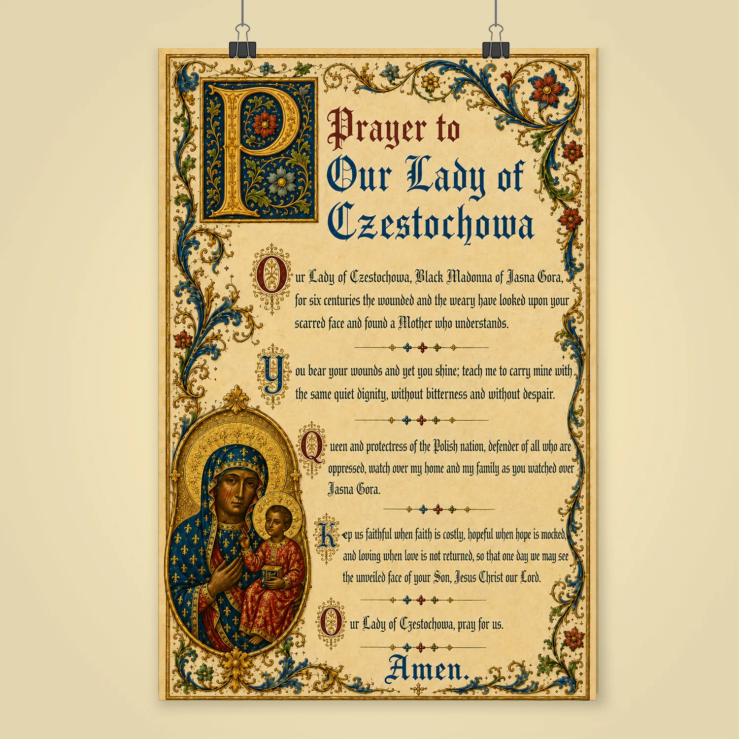 Prayer to Our Lady of Czestochowa medieval illuminated giclée fine art print (shown unframed)