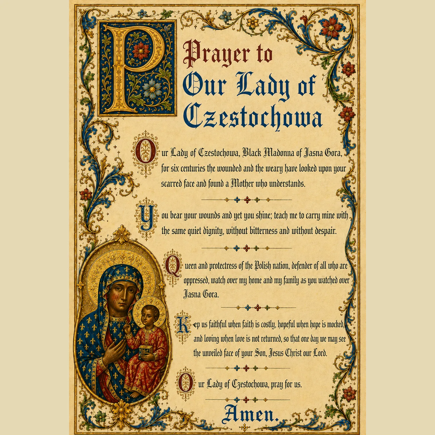 Prayer to Our Lady of Czestochowa medieval illuminated giclée fine art print (flat view)